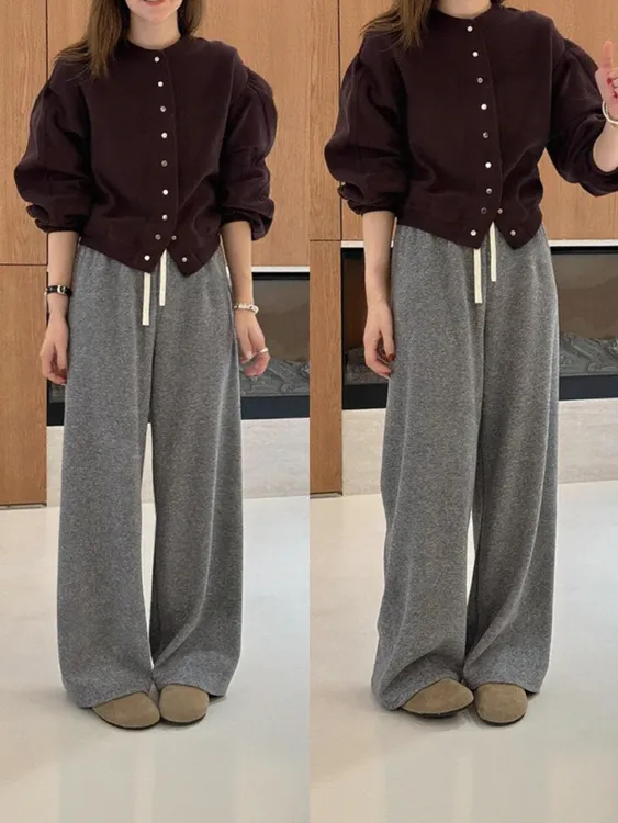 高腰直筒阔腿卫裤女2025秋冬新款大码胖mm松紧腰垂感休闲拖地长裤