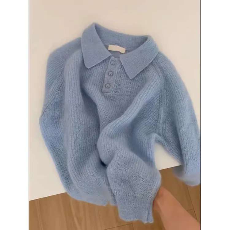 好穿的！奶蓝色针织衫女韩系多巴胺甜美软糯宽松慵懒高级感毛衣秋