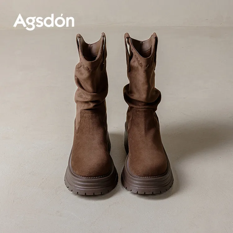 奥古狮登厚底马丁靴女2025新款秋季中筒防滑堆堆靴美拉德西部靴H