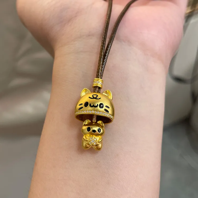 足金999躲猫猫黄金吊坠捉迷藏可爱小猫咪铃铛编绳纯金套链520送礼