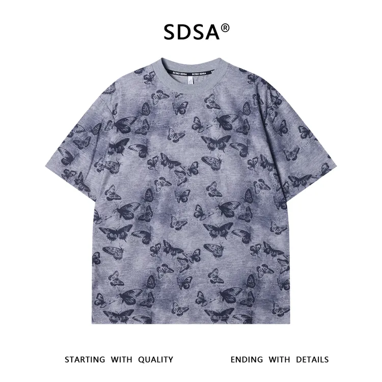 夏季高级感新款韩系潮牌蝴蝶图案圆领短袖T恤亲肤舒适百搭上衣