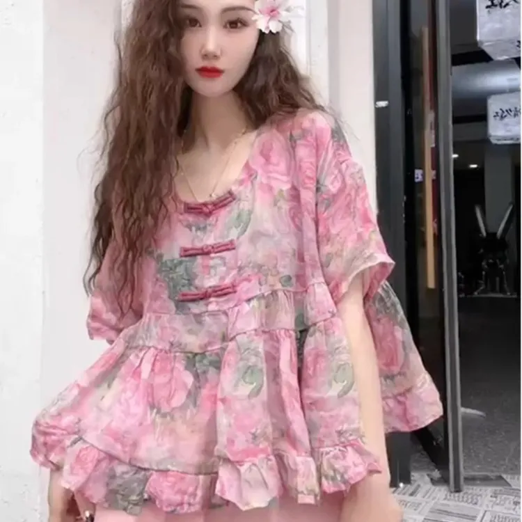 复古文艺盘扣半袖衬衫女2025夏季新款气质碎花雪纺衫圆领甜美上衣