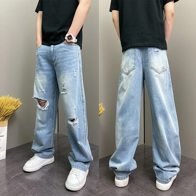 2025夏季新款男士牛仔裤时尚百搭宽松直筒破洞阔腿裤潮流帅气长裤