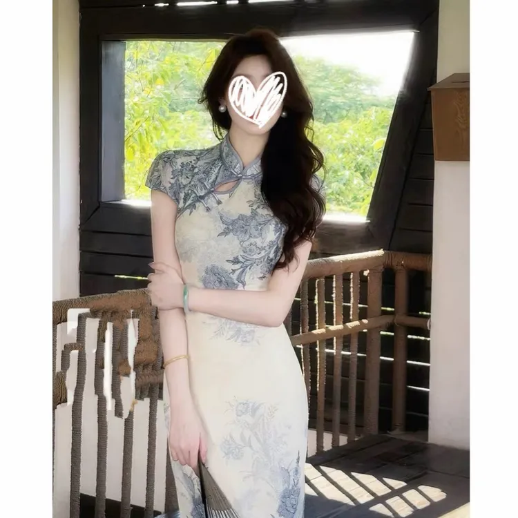 凌茜恣禾【青花瓷】杏印花裙温婉优雅收腰显瘦气质高级感旗袍连衣裙