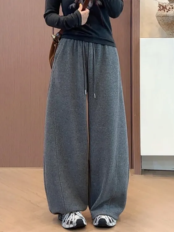 灰色毛呢弯刀裤女秋冬新款加绒加厚大码胖mm宽松显瘦阔腿休闲裤