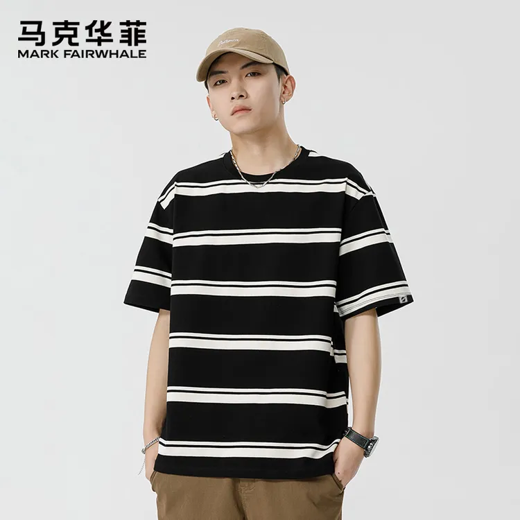 马克华菲男士短袖t恤2025新款条纹圆领半袖体恤夏季冰丝速干上衣