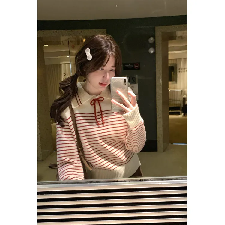 韩系翻领条纹针织绑带毛衣女2025秋冬新款减龄甜美百搭短款针织衫