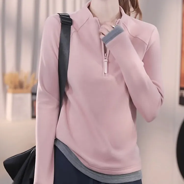 拼色减龄拼接半拉链卫衣女秋冬新款百搭长袖t恤打底衫加厚上衣ins