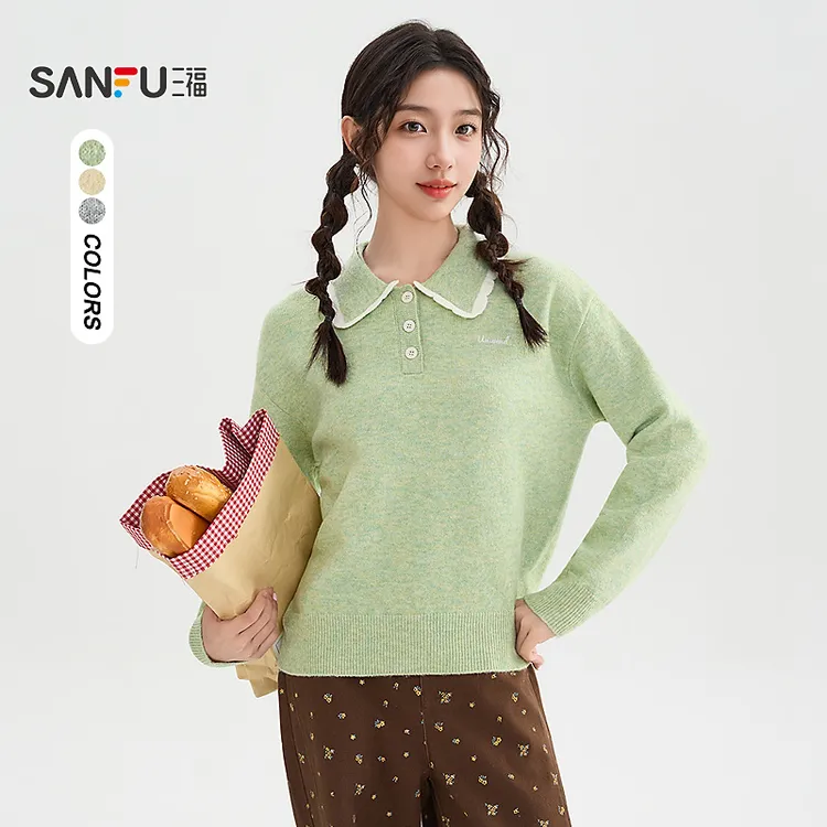 三福毛衣2025冬季花边翻领英文刺绣宽松休闲上衣女装510476