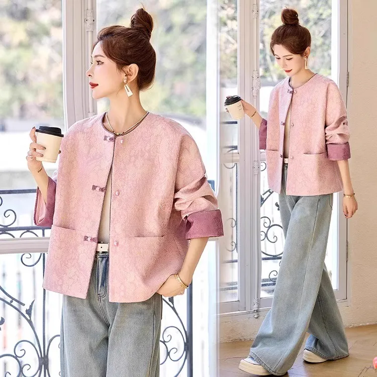 新中式国风粉色外套女春季大码胖mm气质减龄高级独特提花开衫上衣