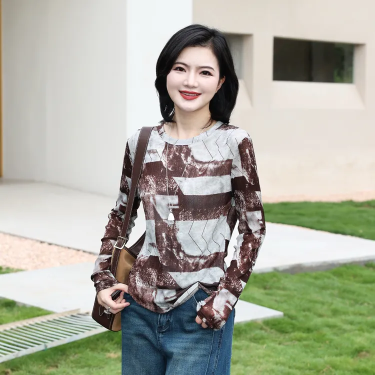 枫竺阿楠anan圆领印花弹力网纱T恤女初秋下摆捏褶休闲长袖上衣
