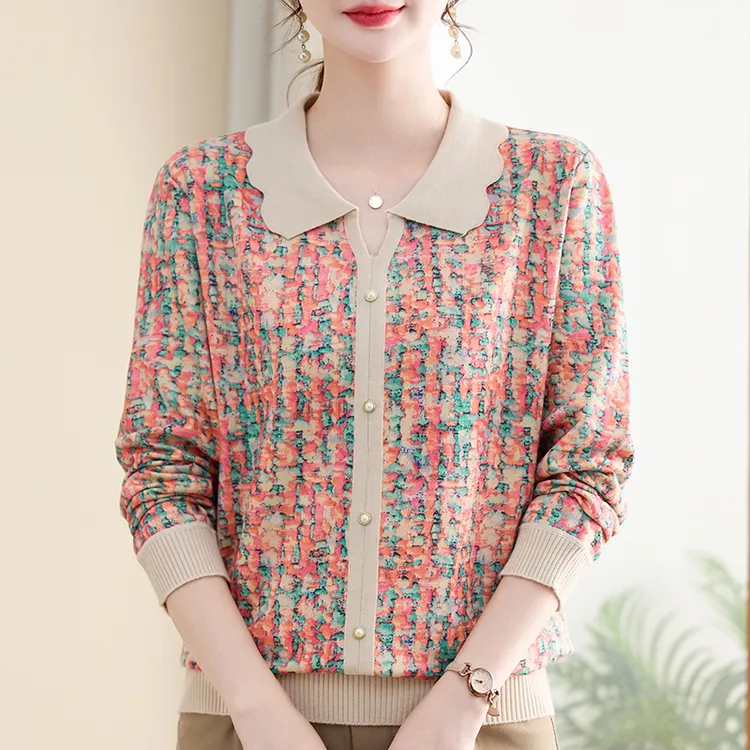 妈妈装秋季新款翻领针织衫洋气小衫中老年女装时尚宽松遮肉毛衣