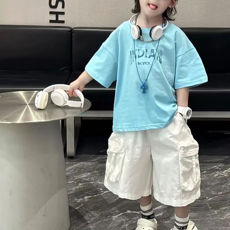 夏季男童套装儿童新款印花美式短袖T桖宽松七分裤薄款潮WE001