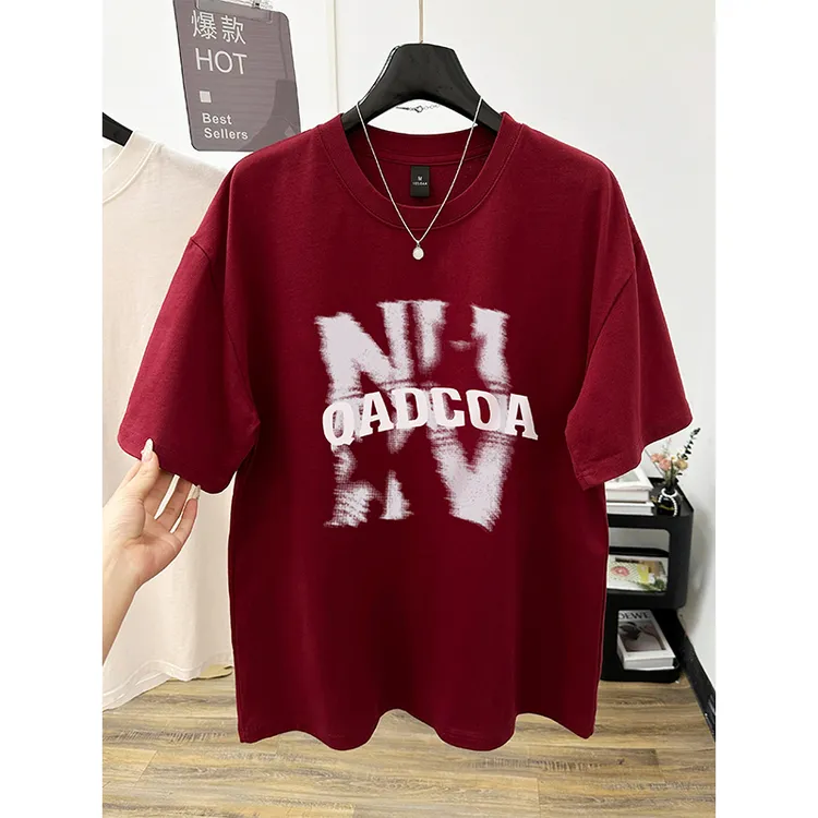 美式复古重磅纯棉酒红色T恤女显瘦短袖内搭宽松洋气百搭打底上衣