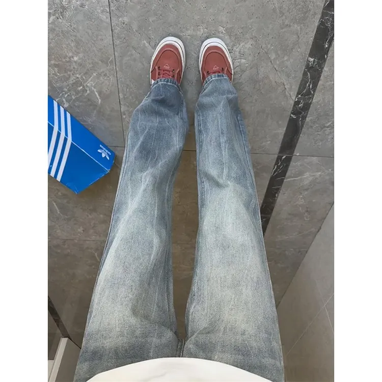 闪电竹节纹牛仔裤男夏季薄款微喇vibe裤子美式高街复古直筒工装裤