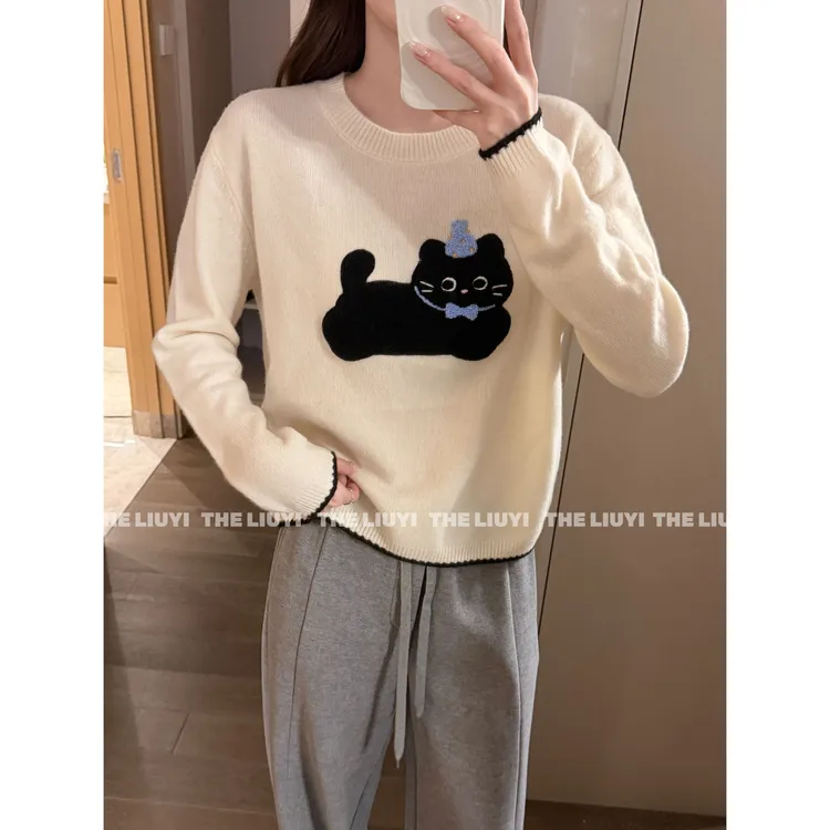 【LIUYI】兔绒混纺羊毛百搭圆领猫咪毛衣510181