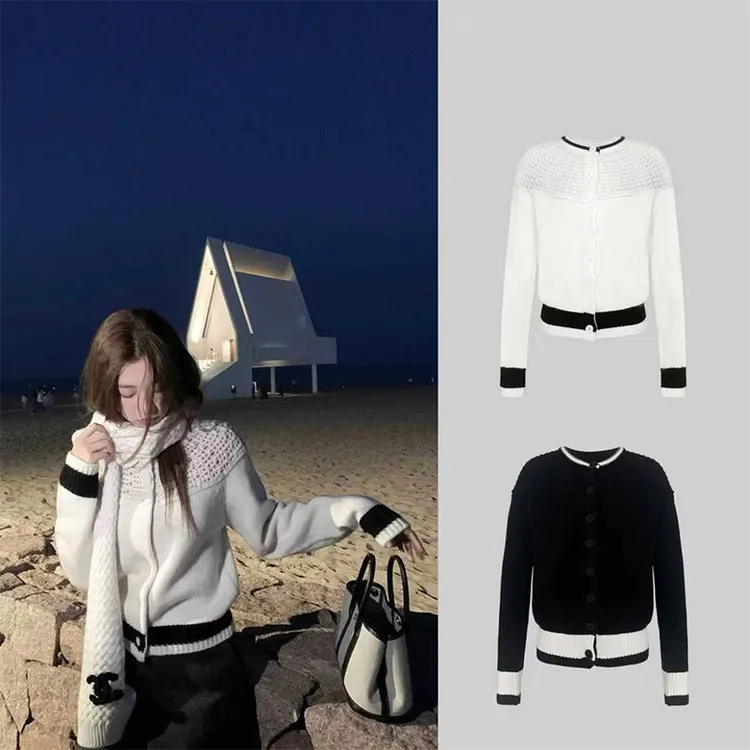 “运补6”【费尔岛回忆】秋冬季黑白拼色镂空设计设计感拼色针织领衫