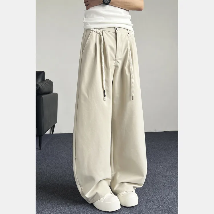 春夏新款男士潮流复古纯色高级感抽绳阔腿弯刀裤潮牌宽松百搭长裤