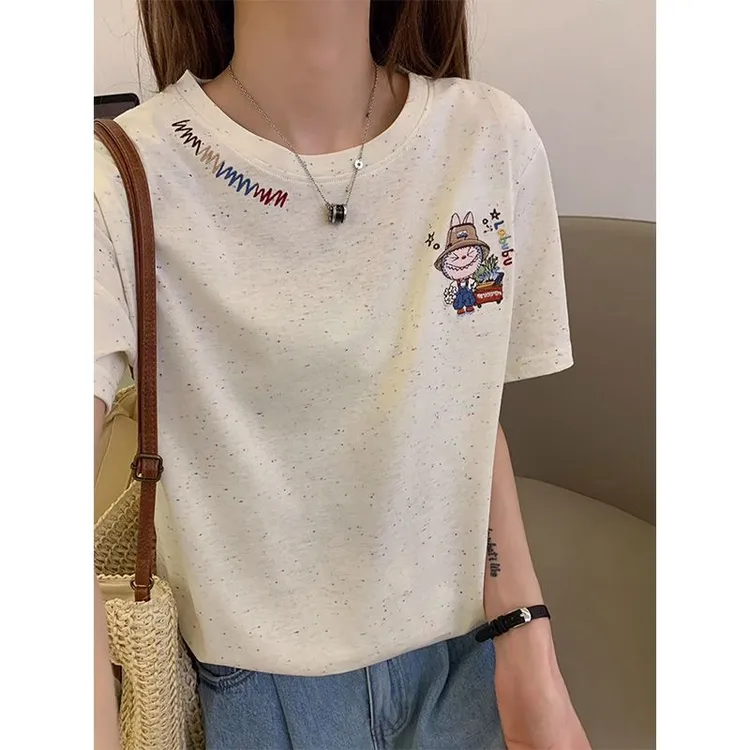 2025夏季新款小个子刺绣短袖T恤上衣女韩版学院风宽松减龄体