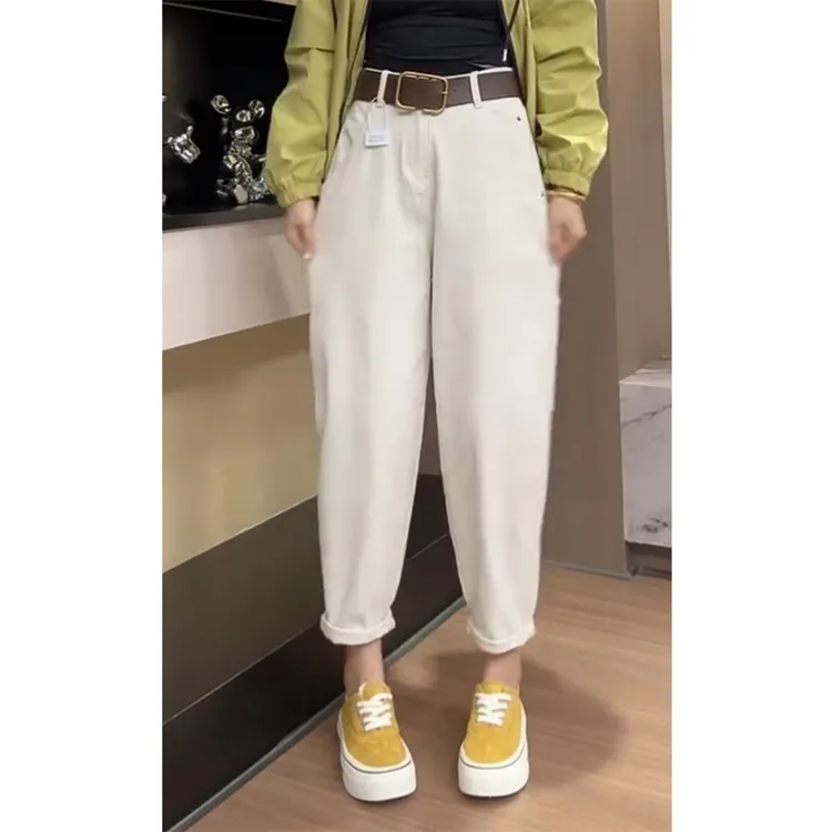 艾塔莉显瘦宽松哈伦牛仔裤子女春季新款胖mm九分百搭弯刀裤小个子