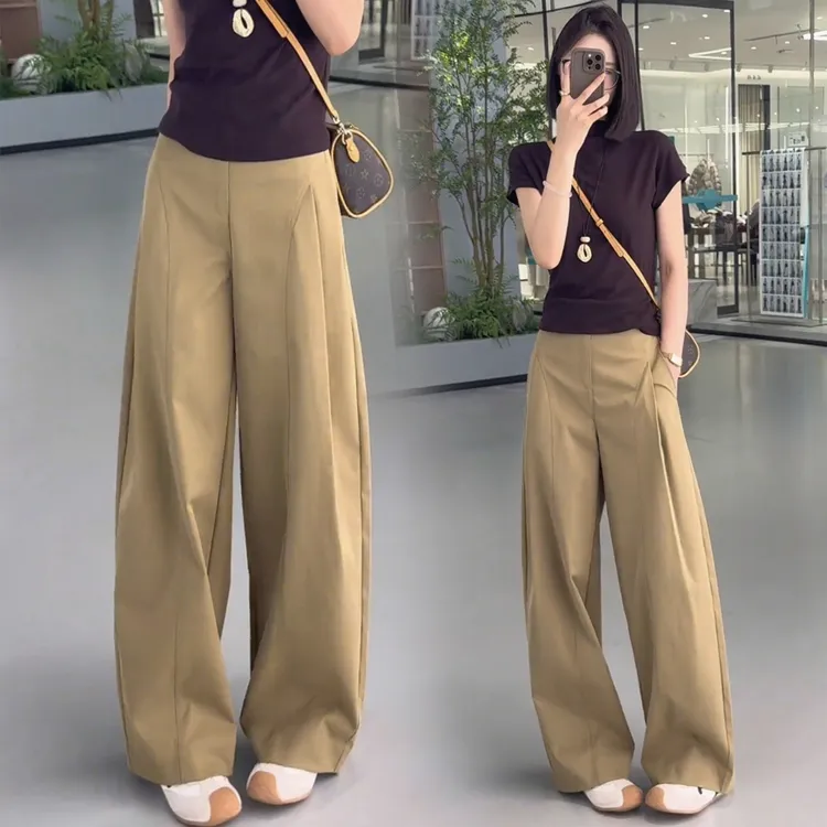 复古侧压褶阔腿裤女秋季2025新款高腰宽松显瘦遮胯洋气直筒弯刀裤