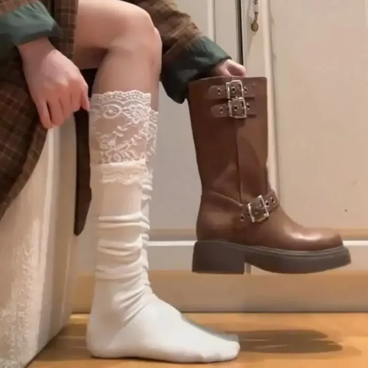 蕾丝过膝袜配靴子穿小腿袜子女春秋中筒袜日系白色芭蕾风配马丁靴