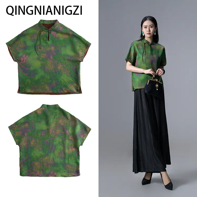 青娘子香云纱（亦酝）复古印花花萝时尚百搭宽松休闲女士上衣-50768