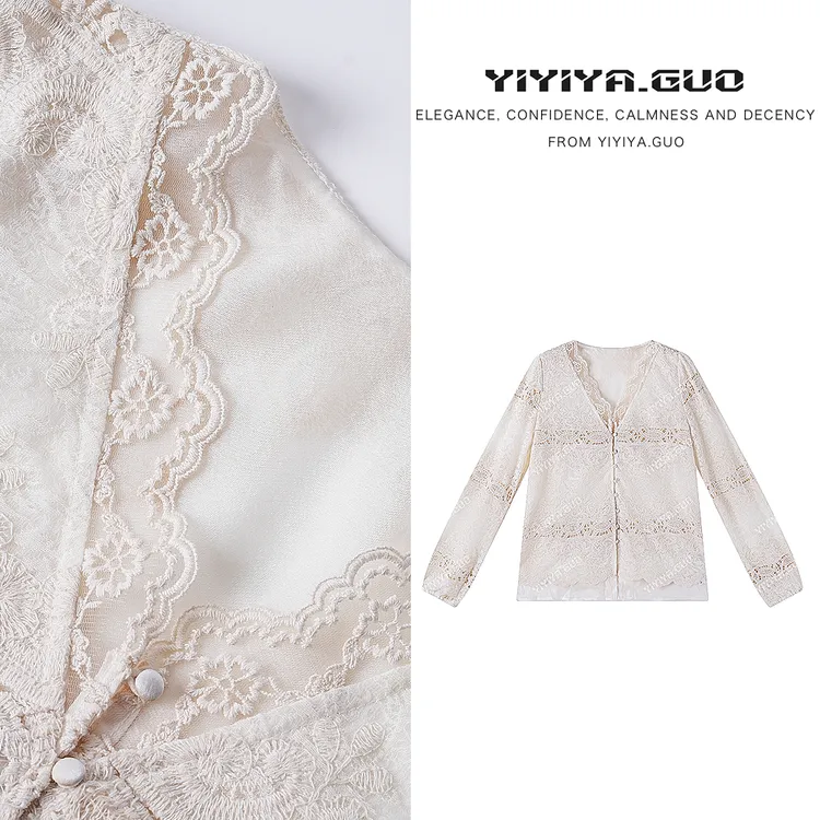 yiyiya.Guo艺艺吖【四季佳人】秋冬新款蕾丝V领长袖上衣110040SS52