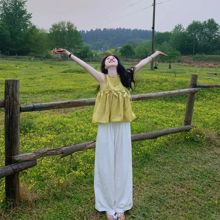 夏装搭配一整套女胖mm黄色无袖上衣休闲阔腿裤韩系减龄高级感套装