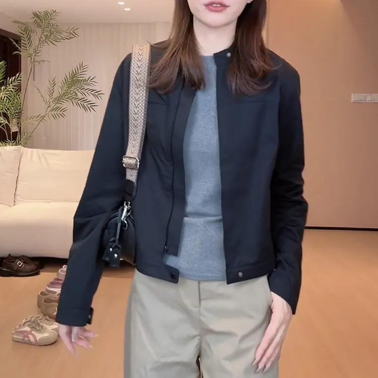 美式复古通勤立领夹克外套女2025春秋新款小个子修身显瘦开衫上衣