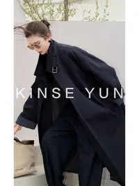 KINSE YUN『蓝调时刻』秋冬条纹立领搭腰带长款显瘦风衣外套QD1833