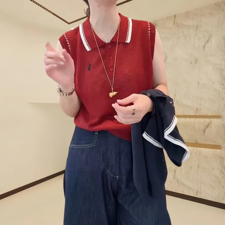 2025夏季新款简约休闲百搭小衫韩版小众POLO领针织刺绣显瘦上衣女