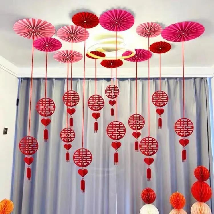 婚房装饰布置客厅卧室天花板喜字结婚装饰男女方吊顶布置扇花配饰