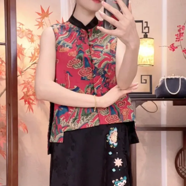 新款中式复古国风民族风双面穿刺绣马甲气质妈妈坎肩外套唐装马夹