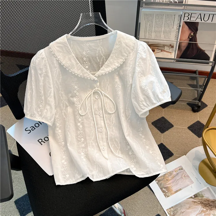 法式重工刺绣娃娃领白衬衫女夏款系带蝴蝶结开衫别致超好看小上衣