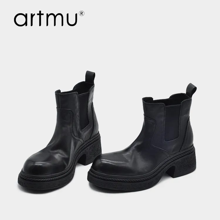 Artmu阿木厚底切尔西短靴子爆款真皮粗跟黑色女靴烟筒靴5521-1
