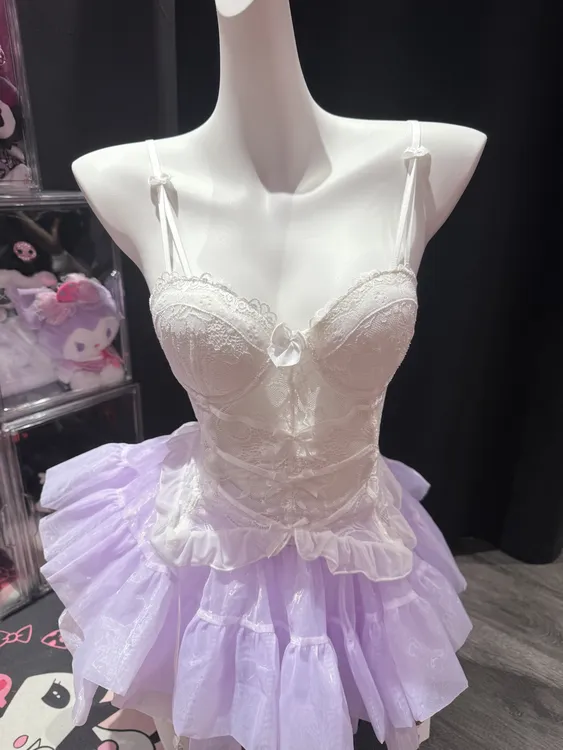 夏季性感鱼骨蕾丝吊带紫色白色薄款上衣透气短款时尚