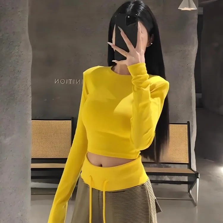 纯欲风辣妹时尚套装女春季显瘦短款长袖T恤+抽绳高腰休闲裤两件套