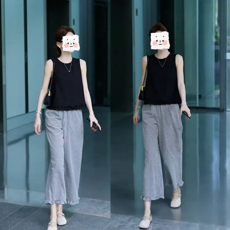 2025夏季新款流行穿搭一整套韩版慵懒风无袖上衣格子阔腿裤两件套
