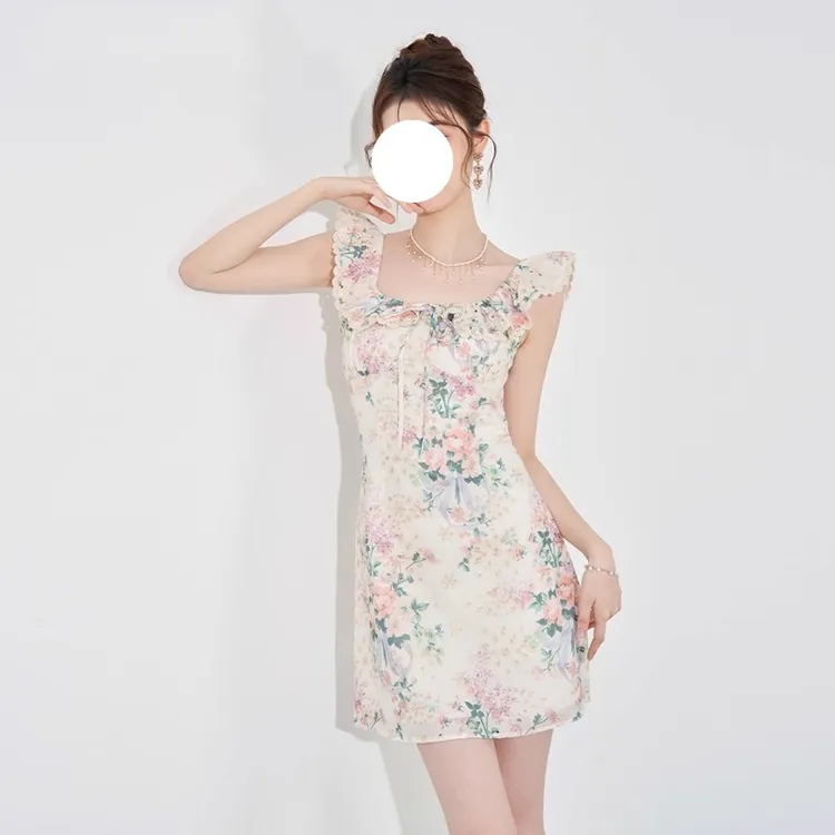 小众设计连衣裙新款女夏季法式气质收腰显瘦短款无袖印花裙子
