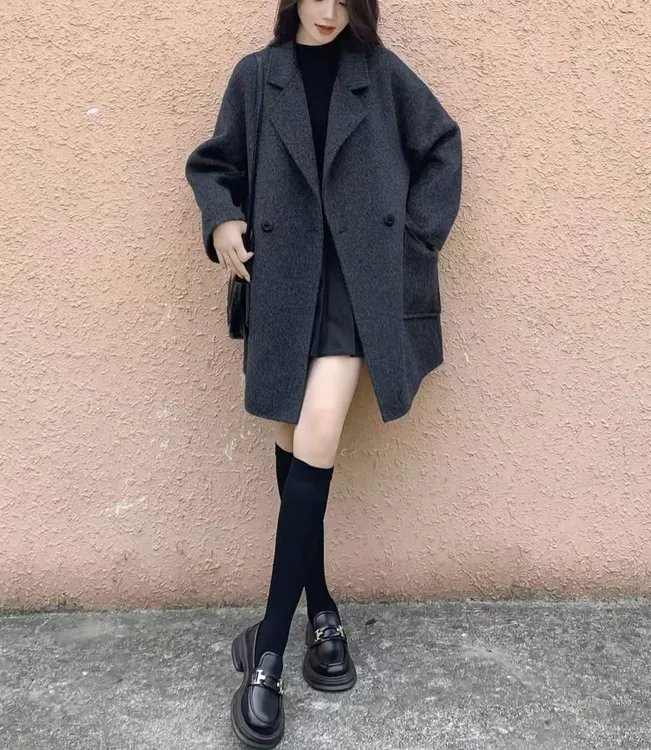 【mw1359】灰色双面羊绒大衣女秋冬高级感2025新款宽松中长款外套