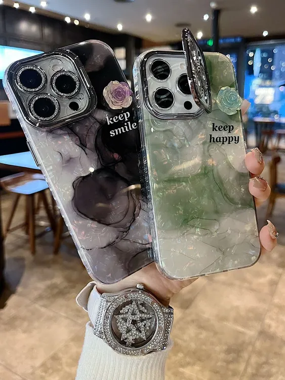 晕染立体山茶花适用苹果16promax新款手机壳iPhone15闪粉镜头支架