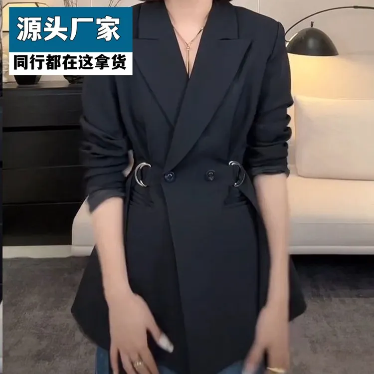 梵乐芬小个子韩系收腰黑色西装外套2025年春秋季新款系带西服设计