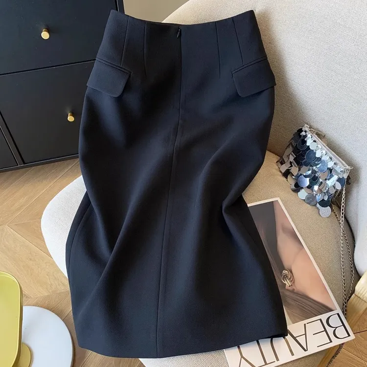 拉夏贝尔气质半身裙女2025秋季新款高腰高级感开叉直筒裙包臀裙子