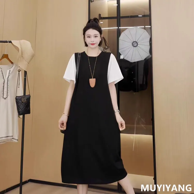 定制夏季新款拼接工艺气质显瘦百搭圆领大码连衣裙