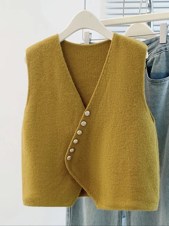 斜排扣针织马甲背心女秋冬百搭气质V领叠穿毛衣马夹外套上衣#2546
