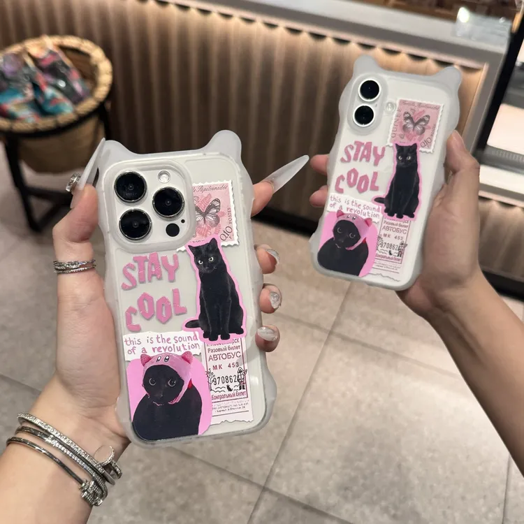 韩系邮票猫咪波浪耳朵壳适用iPhone16苹果14promax手机壳15/13/16