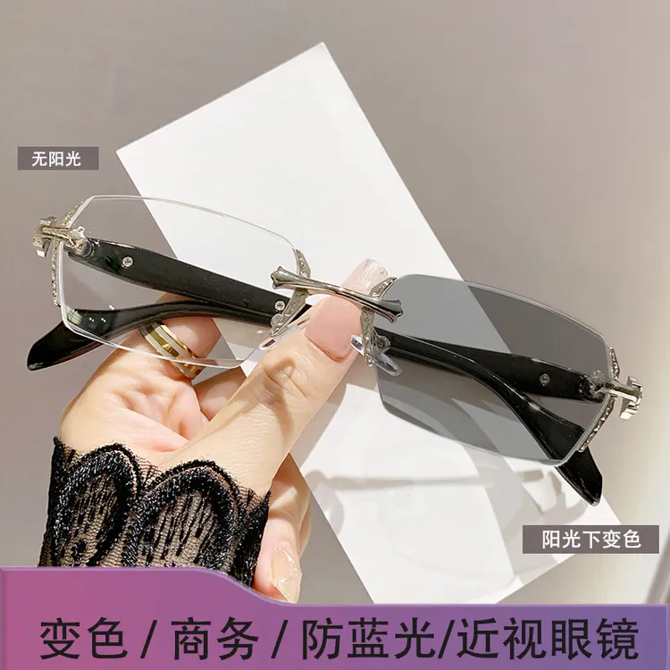 变色防近视眼镜切边无框男女商务眼镜超轻护目防蓝光辐射平光镜