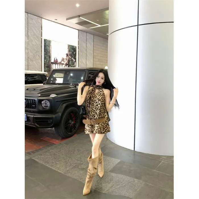 美式辣妹豹纹飘带挂脖连衣裙女夏季显瘦收腰无袖裙子雪纺a字短裙