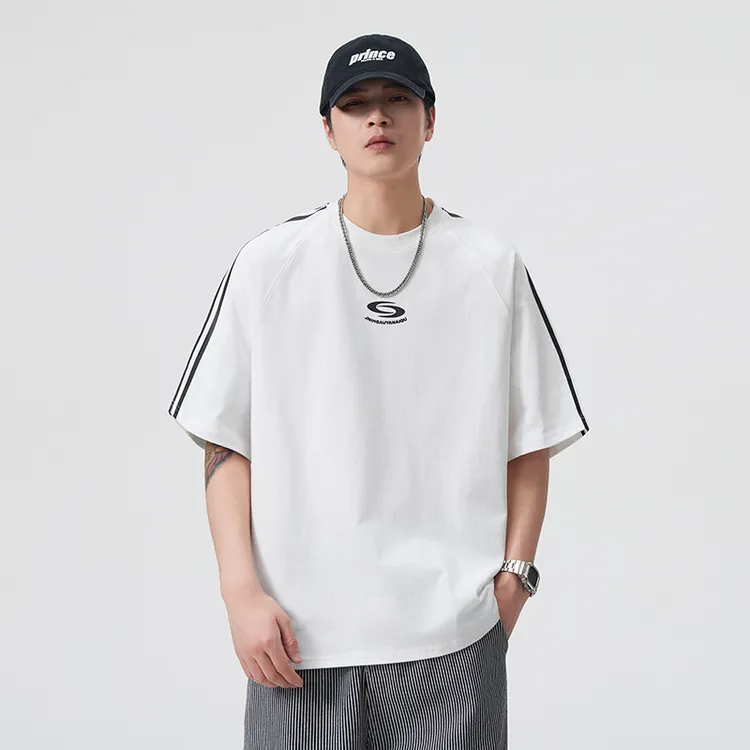 2025年夏季宽松落肩袖t恤男重磅纯棉半袖上衣男装复古风球服短袖